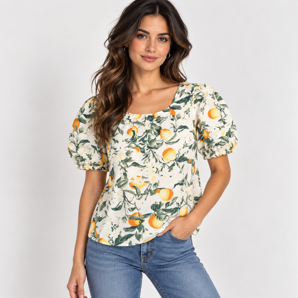 Anthropologie Maeve Fruit Puff Sleeve Top S Citrus Floral Cotton Tie Back